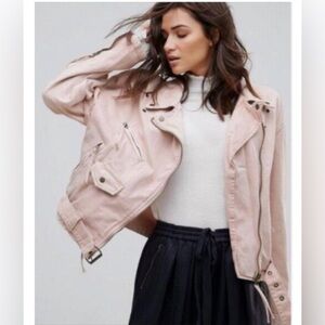 🌸 NWT Free People Small Oversized Moto Jacket Lace Up Rose Pink Denim Utility